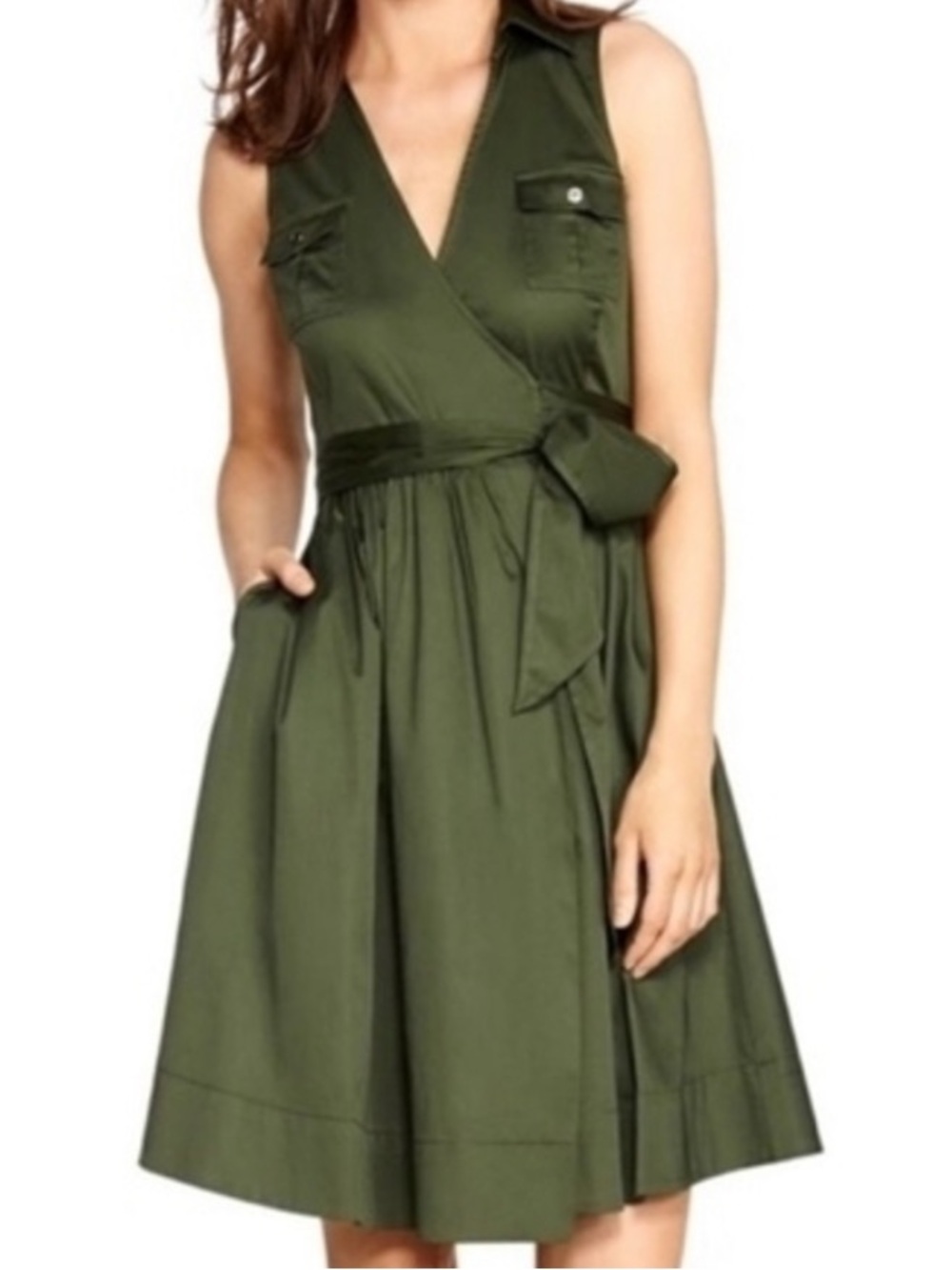 White House Black Market Olive Green Sleeveless Midi Shirtwaist Wrap Dress